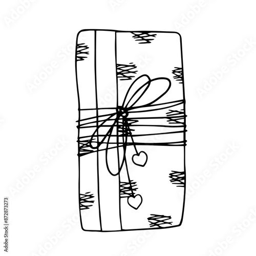 Linear sketch, outline of a gift in festive packaging for Valentine's Day. Vector graphics.