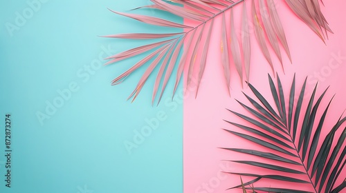 A simple, minimalistic, and colorful design of palm tree leaves isolated on a vibrant double pink and turquoise blue background in pastel colors