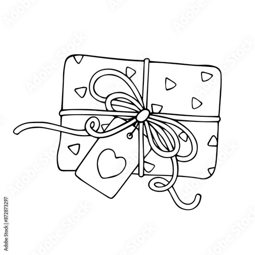 Linear sketch, outline of a gift in festive packaging for Valentine's Day. Vector graphics.