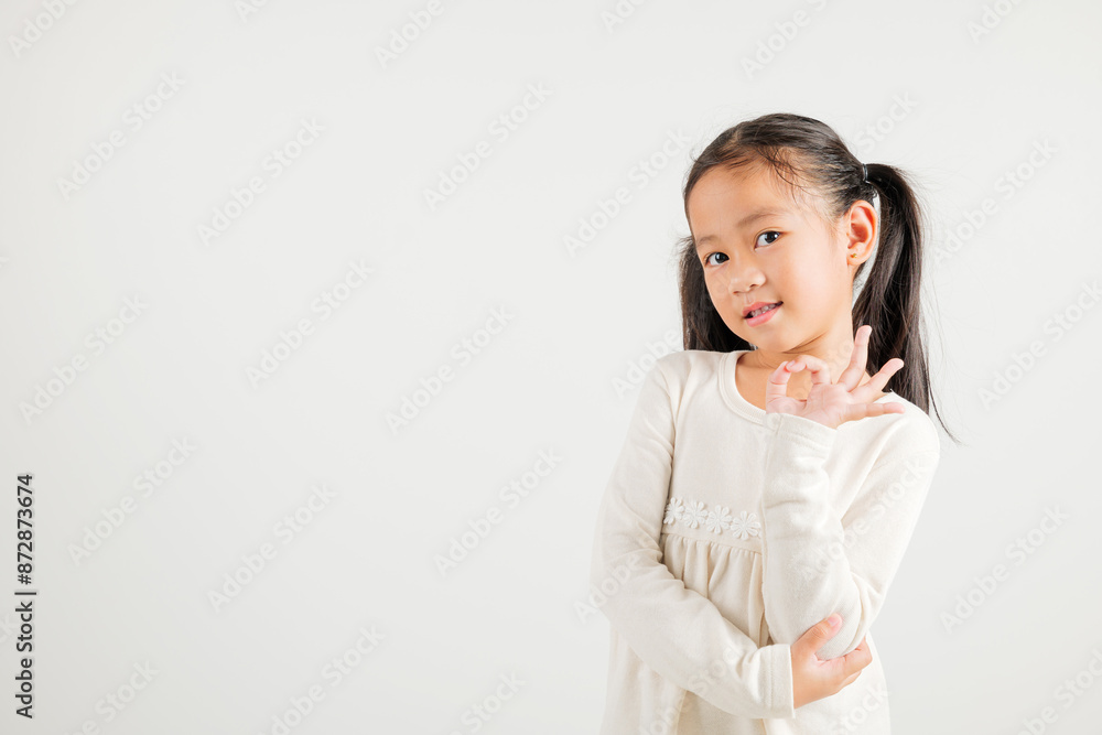 Exuberant young kid girl showcases the OK sign with an optimistic smile, conveying agreement and positivity isolated on a white background, ideal for your text customization. kindergarten child smile Exuberant young kid girl showcases the OK sign with an optimistic smile, conveying agreement and positivity isolated on a white background, ideal for your text customization. kindergarten child smile