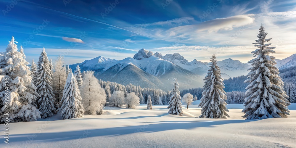 Obraz premium Winter landscape with snow-covered trees and mountains, snow, winter, landscape, cold, frost, white, trees, mountains, scenery