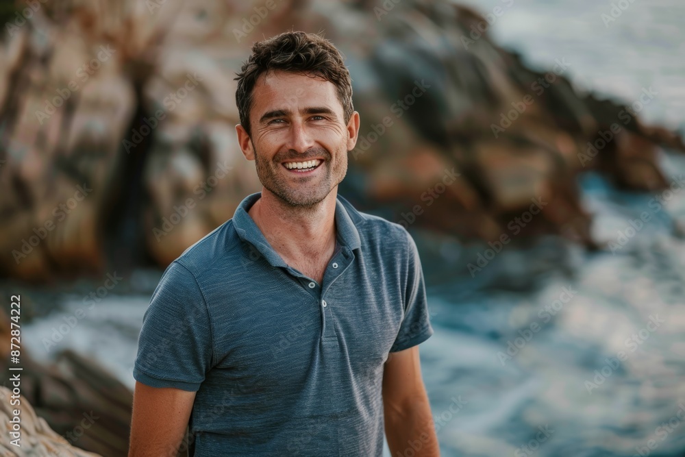 Portrait of a joyful caucasian man in his 30s wearing a sporty polo shirt isolated on rocky shoreline background Portrait of a joyful caucasian man in his 30s wearing a sporty polo shirt isolated on rocky shoreline background