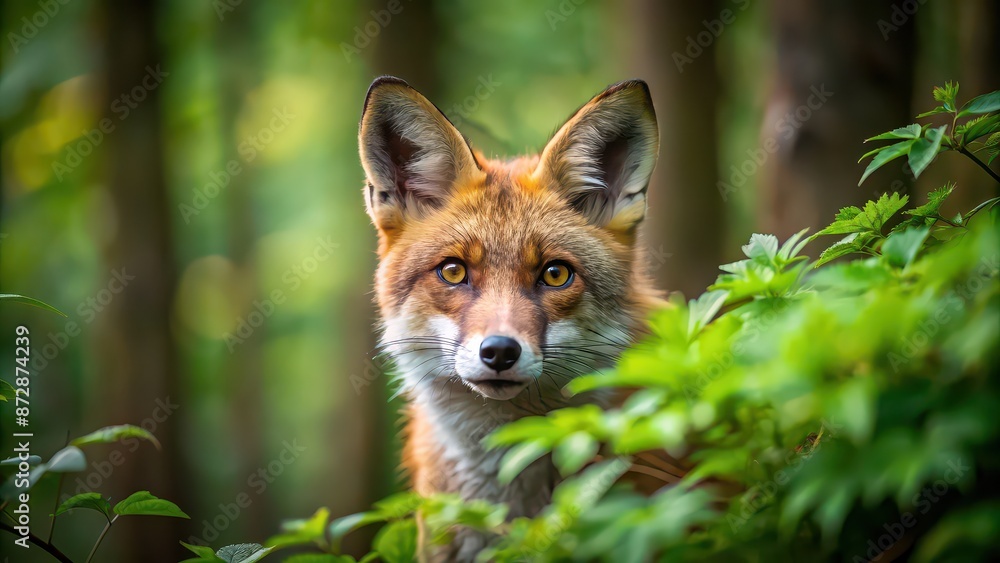 Fototapeta premium Sly fox in the forest, blending into its surroundings, red fur, cunning, sneaky, wildlife, intelligent, clever, predator