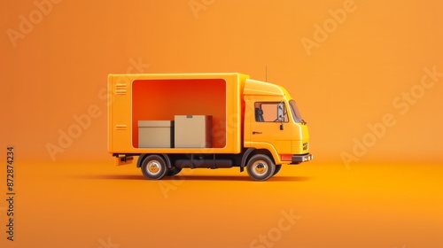 Orange truck open with parcel delivery icon. online shopping or e-commerce concept. Minimal cartoon icon design isolated on orange background. banner, copy space. © Andrew