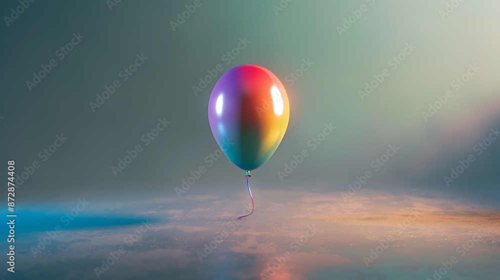 A single colorful balloon floating under a diffuse spotlight in a simple, clean background. A single colorful balloon floating under a diffuse spotlight in a simple, clean background.