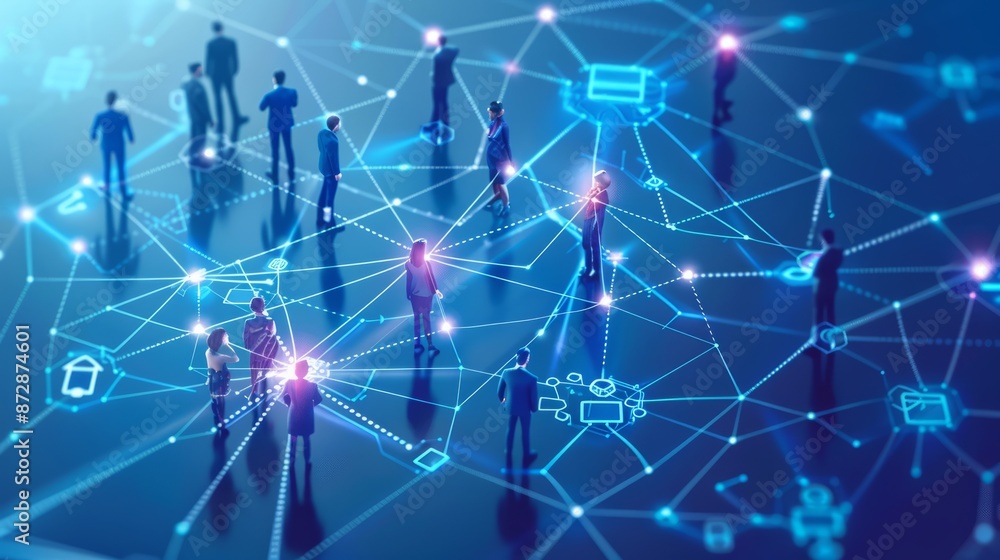 Business team network with efficient communication system, featuring connected employees and decentralized networking for enhanced collaboration Business team network with efficient communication system, featuring connected employees and decentralized networking for enhanced collaboration