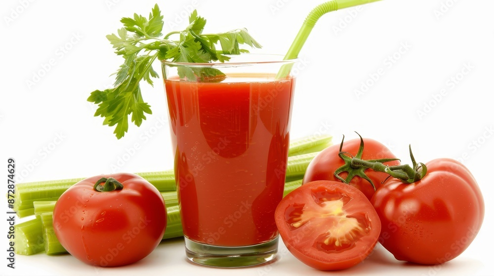 Refreshing tomato juice in glass with celery and tomatoes on white background, side angle view Refreshing tomato juice in glass with celery and tomatoes on white background, side angle view