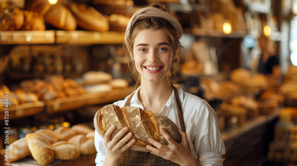 Sales lady with smile in bakery shop selling breads Sales lady with smile in bakery shop selling breads