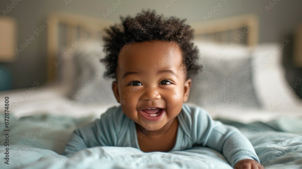 Baby Old. Mixed Race African American Baby Boy Having Fun Playing on Green Bed Baby Old. Mixed Race African American Baby Boy Having Fun Playing on Green Bed