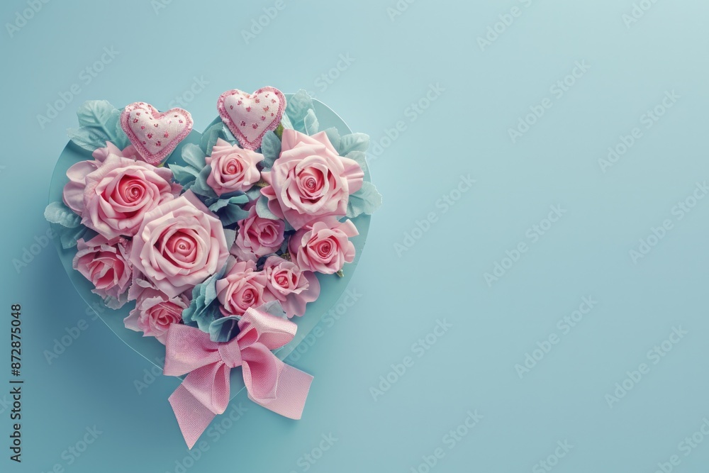 Elegant Heart. Beauty in Bloom: Elegant Composition of Pink Roses, Hearts, and Gift Boxes on Pastel Blue Background