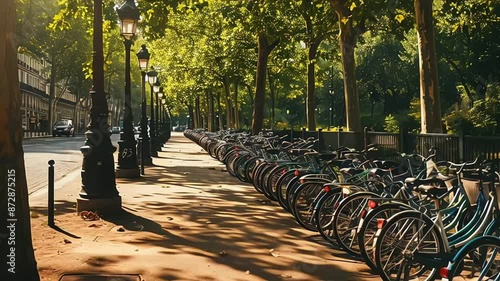 Bicycle sharing systems. Bicycle for rent business. Bicycle for city tour at bike parking station. Eco-friendly transport. Urban economy public transport. Bike station in the park. Healthy lifestyle