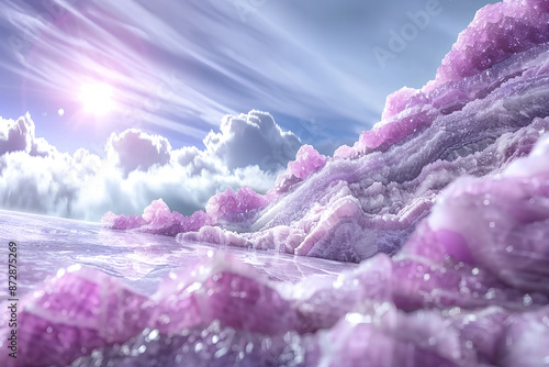  Pink Crystalline Cliffs with Sunlit Clouds, radiant and serene, fantasy landscape with copy space