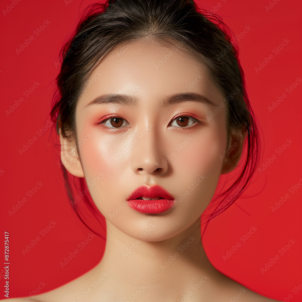 Closeup portrait of young Asian beautiful woman with Korean beauty make up style and healthy and perfect skin isolated on pink background for skincare commercial product advertising. Closeup portrait of young Asian beautiful woman with Korean beauty make up style and healthy and perfect skin isolated on pink background for skincare commercial product advertising.