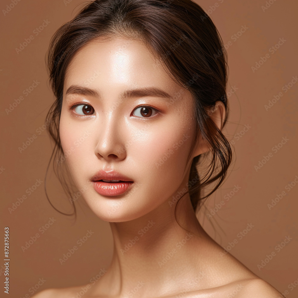 Closeup portrait of young Asian beautiful woman with Korean beauty make up style and healthy and perfect skin isolated on pink background for skincare commercial product advertising. Closeup portrait of young Asian beautiful woman with Korean beauty make up style and healthy and perfect skin isolated on pink background for skincare commercial product advertising.