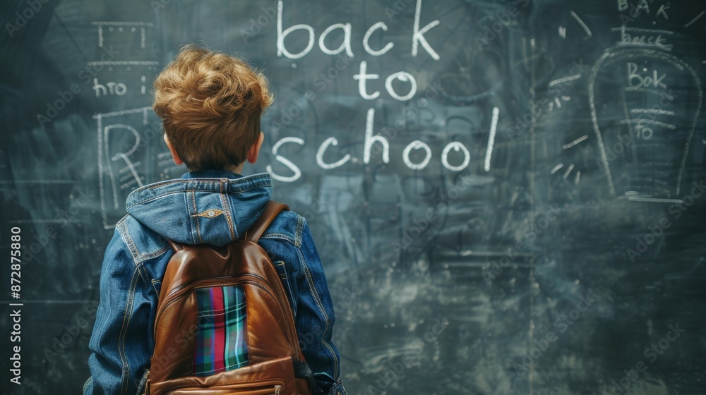 Boy looking on chalkboard. Back to school concept Boy looking on chalkboard. Back to school concept