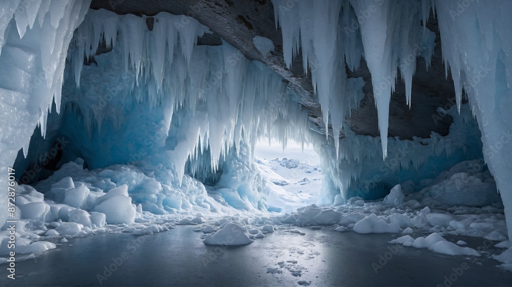 Ice Cave in Winter, A breathtaking photograph of a mesmerizing ice cave, adorned with glistening icicles and crystalline formations. The ethereal blue light filtering through the ice. Ice Cave in Winter, A breathtaking photograph of a mesmerizing ice cave, adorned with glistening icicles and crystalline formations. The ethereal blue light filtering through the ice.