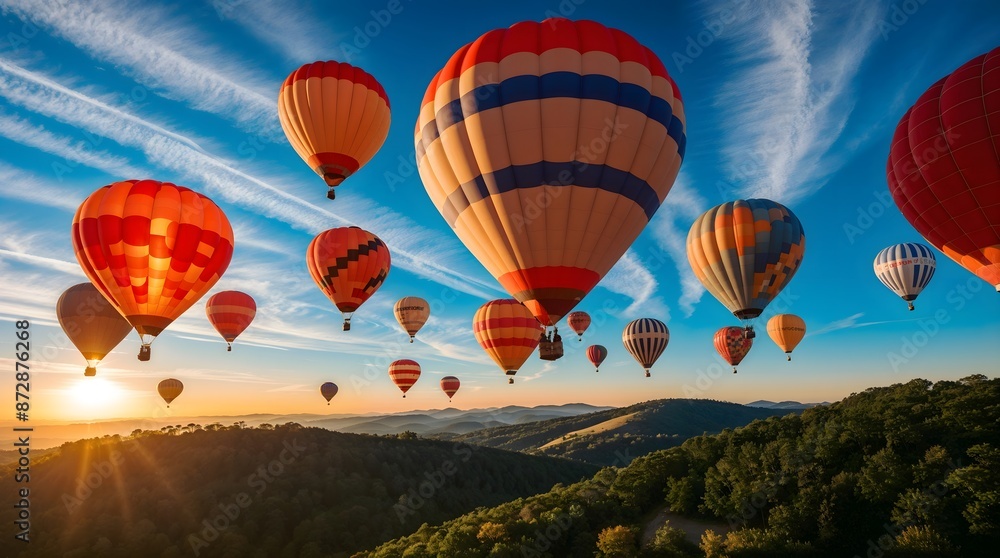 Fototapeta premium High Above the Horizon: Hot Air Balloons Embark on a Festive Journey. Breathtaking display of hot air balloons taking flight at dawn