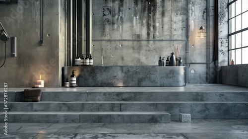 Concrete podium in an urban loft bathroom, featuring minimalist spa products and industrial decor for a modern look. © Lal