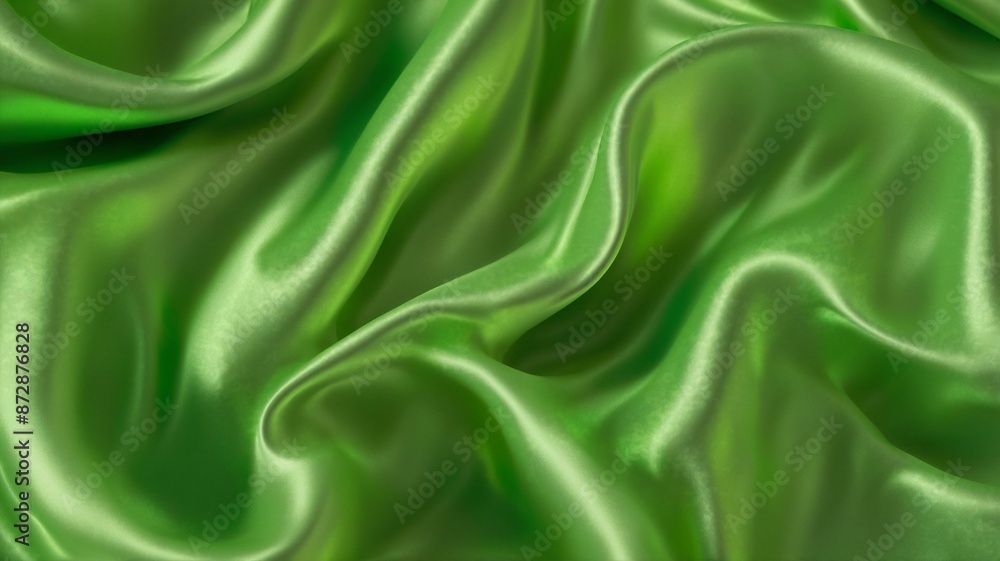Obraz premium Luxurious Flowing Green Silk Fabric, A close-up image showcasing the exquisite texture and elegant drape of flowing green silk fabric. The soft folds and gentle ripples create a sense of luxurious