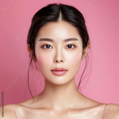 Closeup portrait of young Asian beautiful woman with Korean beauty make up style and healthy and perfect skin isolated on pink background for skincare commercial product advertising.