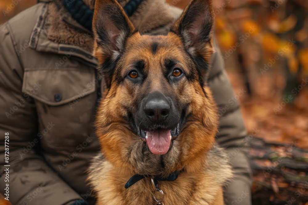 A German Shepherd dog sitting obediently by a person dressed warmly, set against the backdrop of an autumn forest, with leaves in shades of brown and orange. A German Shepherd dog sitting obediently by a person dressed warmly, set against the backdrop of an autumn forest, with leaves in shades of brown and orange.