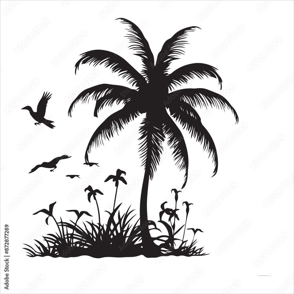 Obraz premium palm tree with bird silhouette white background 
