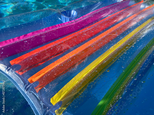  Rainbow colors, wet lilo in swimming pool