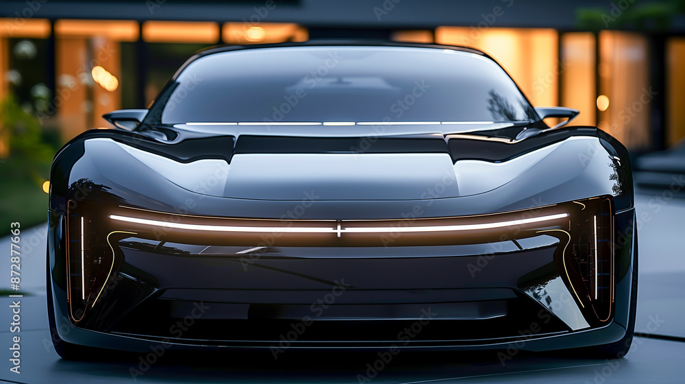 Front view of a modern and sporty electric car with a conceptual design, an expression of sustainable living in an urban environment Front view of a modern and sporty electric car with a conceptual design, an expression of sustainable living in an urban environment