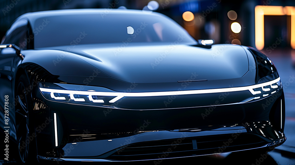 Front view of a modern and sporty electric car with a conceptual design, an expression of sustainable living in an urban environment Front view of a modern and sporty electric car with a conceptual design, an expression of sustainable living in an urban environment