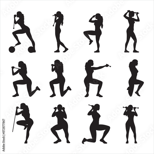 Vector set Silhouette of women squat exercises workout silhouette white background
