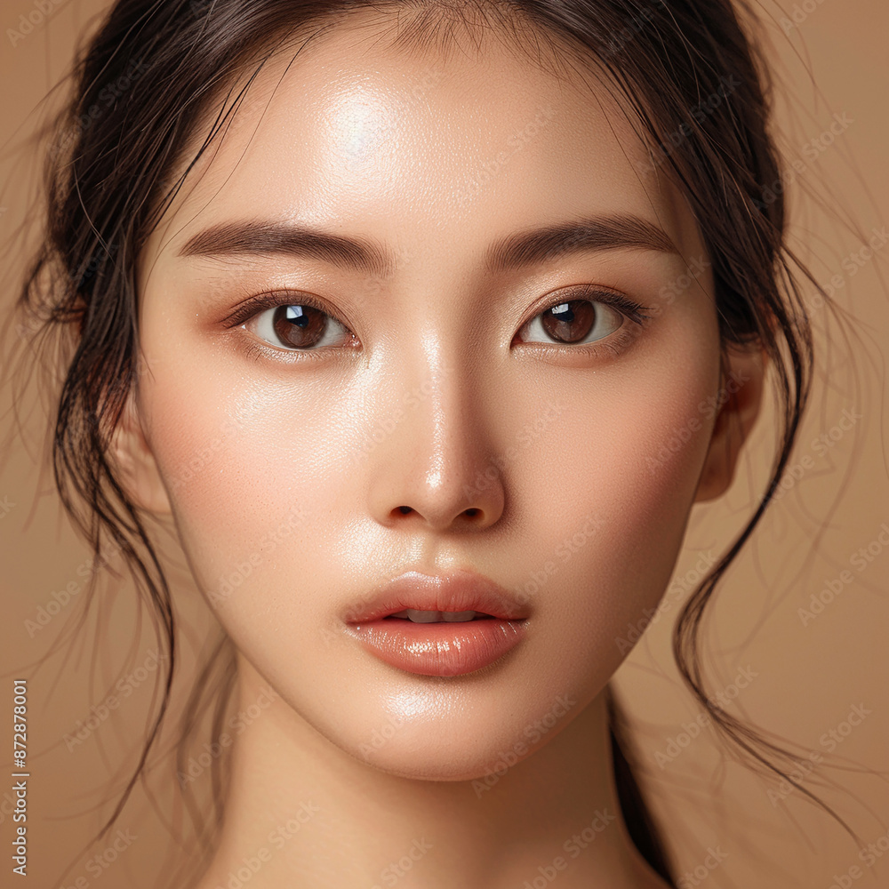 Closeup portrait of young Asian beautiful woman with Korean beauty make up style and healthy and perfect skin isolated on pink background for skincare commercial product advertising. Closeup portrait of young Asian beautiful woman with Korean beauty make up style and healthy and perfect skin isolated on pink background for skincare commercial product advertising.