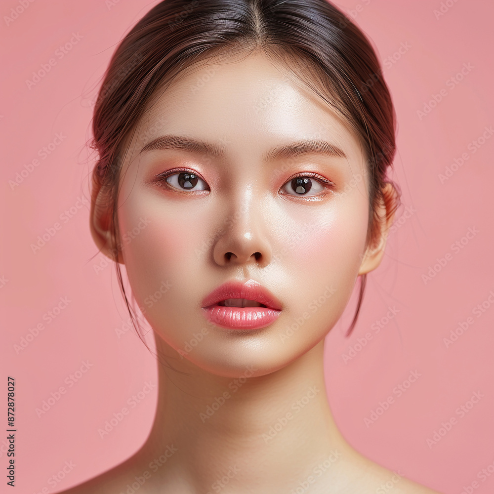 Closeup portrait of young Asian beautiful woman with Korean beauty make up style and healthy and perfect skin isolated on pink background for skincare commercial product advertising. Closeup portrait of young Asian beautiful woman with Korean beauty make up style and healthy and perfect skin isolated on pink background for skincare commercial product advertising.