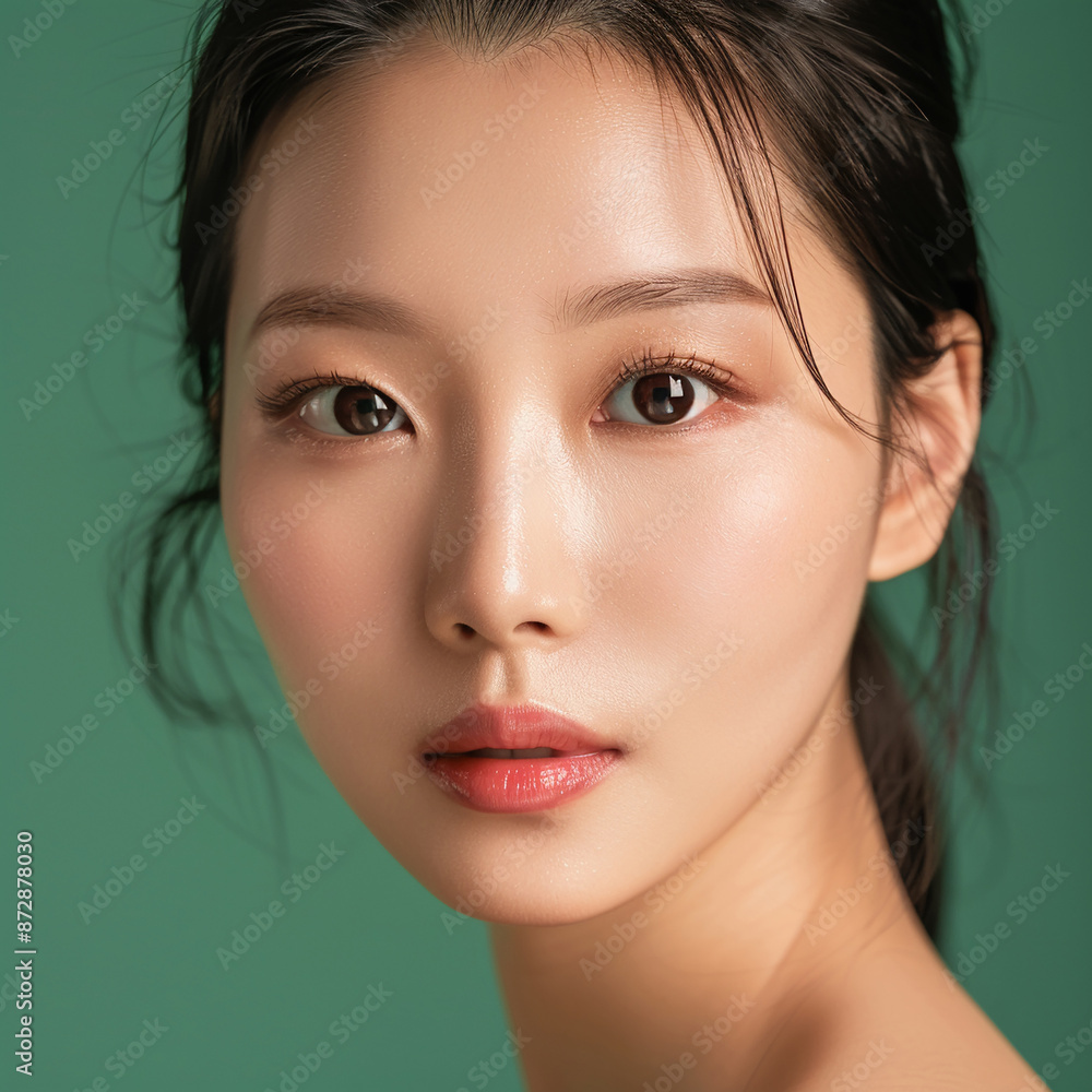 Closeup portrait of young Asian beautiful woman with Korean beauty make up style and healthy and perfect skin isolated on pink background for skincare commercial product advertising. Closeup portrait of young Asian beautiful woman with Korean beauty make up style and healthy and perfect skin isolated on pink background for skincare commercial product advertising.