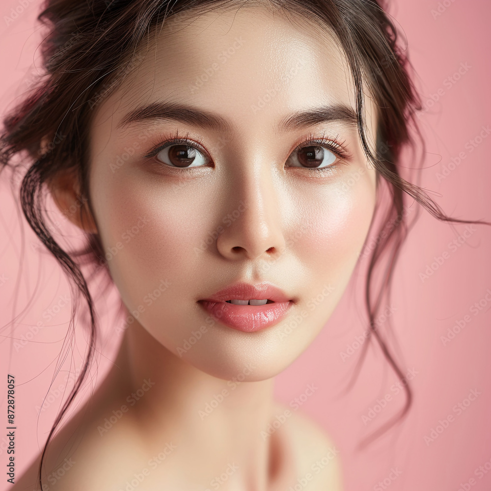 Obraz premium Closeup portrait of young Asian beautiful woman with Korean beauty make up style and healthy and perfect skin isolated on pink background for skincare commercial product advertising.