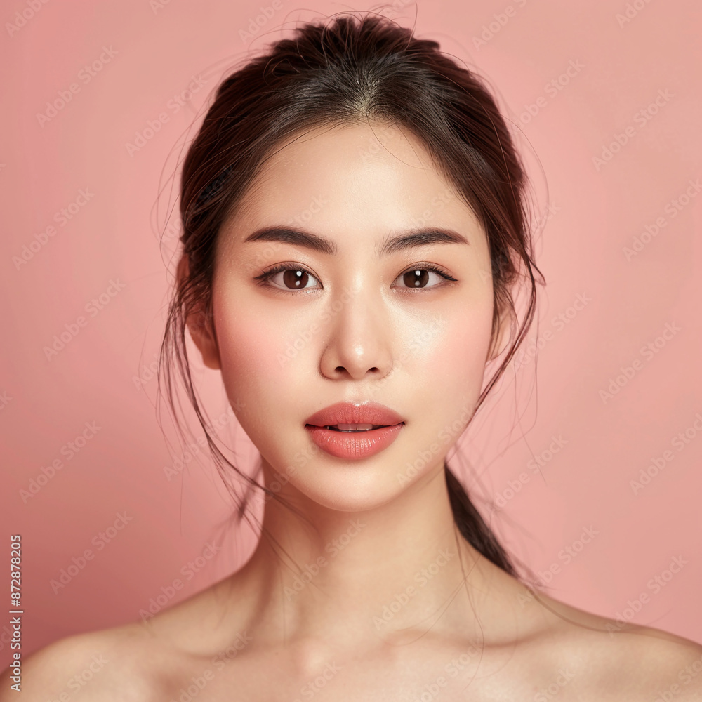 Closeup portrait of young Asian beautiful woman with Korean beauty make up style and healthy and perfect skin isolated on pink background for skincare commercial product advertising. Closeup portrait of young Asian beautiful woman with Korean beauty make up style and healthy and perfect skin isolated on pink background for skincare commercial product advertising.