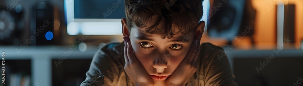Troubled Boy Confronted with Hateful Online Messages on Computer Screen Troubled Boy Confronted with Hateful Online Messages on Computer Screen