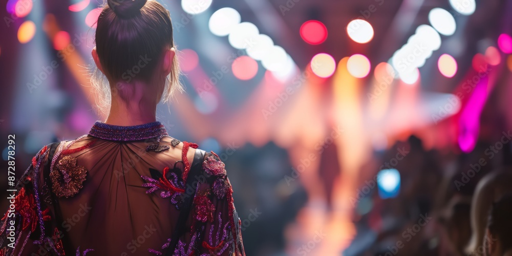 Fashionable models walking in a festival or show event at night, amidst a blurry cityscape with colorful lights creating a vibrant and abstract scene. Fashionable models walking in a festival or show event at night, amidst a blurry cityscape with colorful lights creating a vibrant and abstract scene.