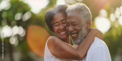 A mature senior couple enjoying a loving embrace outdoors, smiling and expressing affection and happiness in a natural setting. © Iryna