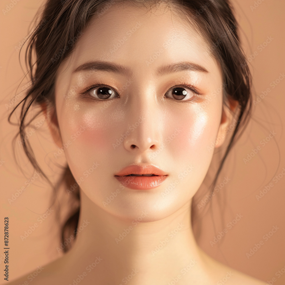 Naklejka premium Closeup portrait of young Asian beautiful woman with Korean beauty make up style and healthy and perfect skin isolated on pink background for skincare commercial product advertising.