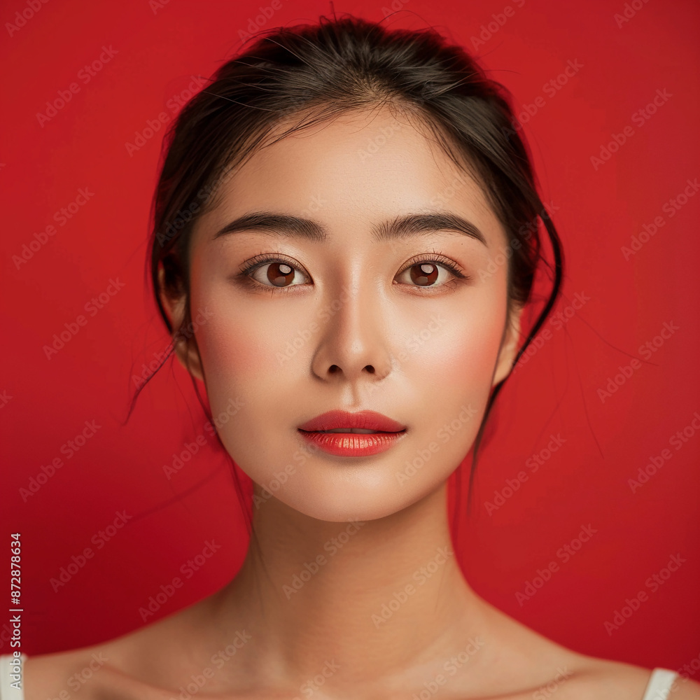 Fototapeta premium Closeup portrait of young Asian beautiful woman with Korean beauty make up style and healthy and perfect skin isolated on pink background for skincare commercial product advertising.