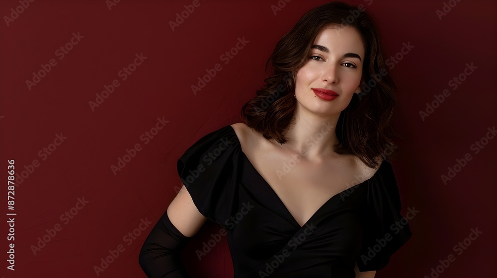 Captivating Woman in Elegant Black Dress Posing Confidently Against Burgundy Background Captivating Woman in Elegant Black Dress Posing Confidently Against Burgundy Background