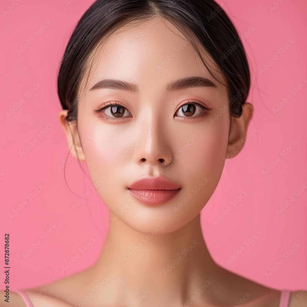 Closeup portrait of young Asian beautiful woman with Korean beauty make up style and healthy and perfect skin isolated on pink background for skincare commercial product advertising. Closeup portrait of young Asian beautiful woman with Korean beauty make up style and healthy and perfect skin isolated on pink background for skincare commercial product advertising.
