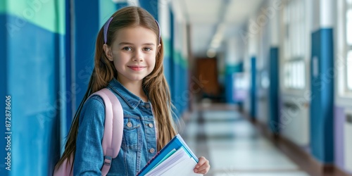 In the educational setting, cute schoolgirl, holding her textbook, embodies the essence of studiousness and curiosity, learning with a happy smile. photo