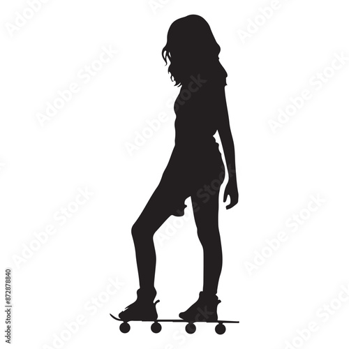  Silhouette girl with roller skate park town silhouette white background
