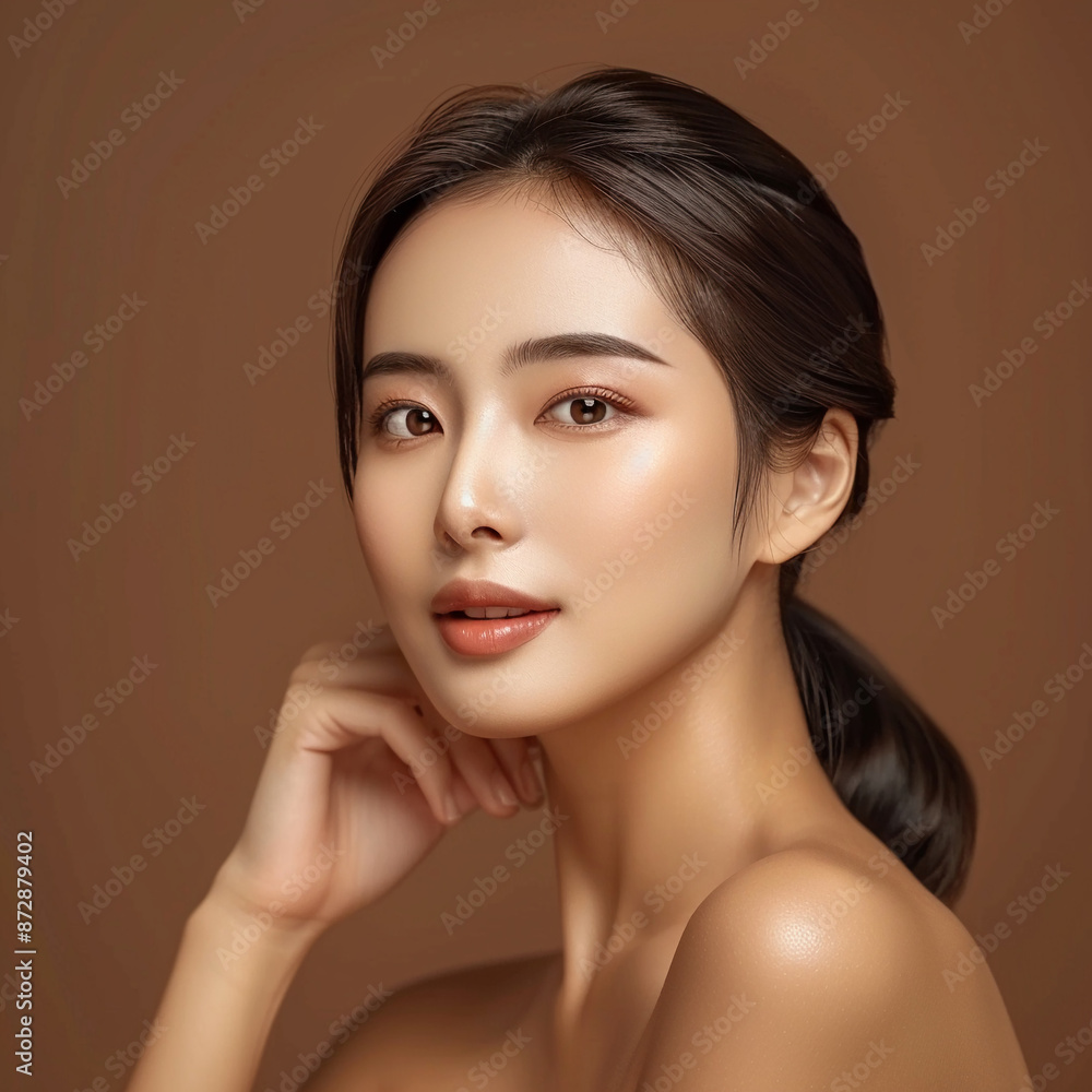 Closeup portrait of young Asian beautiful woman with Korean beauty make up style and healthy and perfect skin isolated on pink background for skincare commercial product advertising. Closeup portrait of young Asian beautiful woman with Korean beauty make up style and healthy and perfect skin isolated on pink background for skincare commercial product advertising.