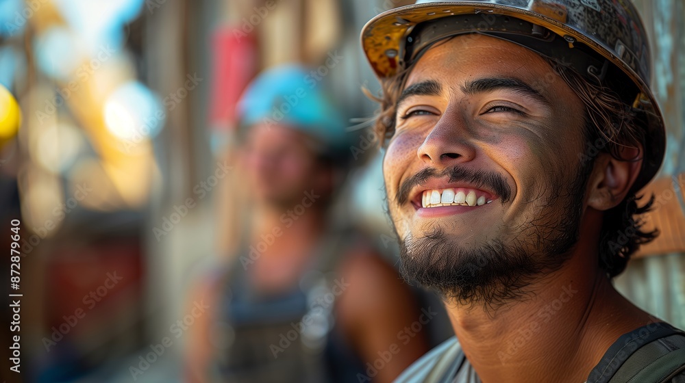 Construction Worker Smiling in Hard Hat During Daytime Work Construction Worker Smiling in Hard Hat During Daytime Work