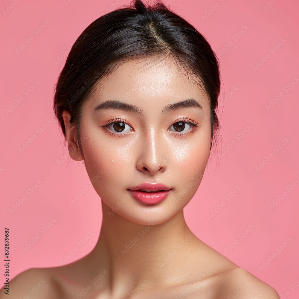 Closeup portrait of young Asian beautiful woman with Korean beauty make up style and healthy and perfect skin isolated on pink background for skincare commercial product advertising. Closeup portrait of young Asian beautiful woman with Korean beauty make up style and healthy and perfect skin isolated on pink background for skincare commercial product advertising.