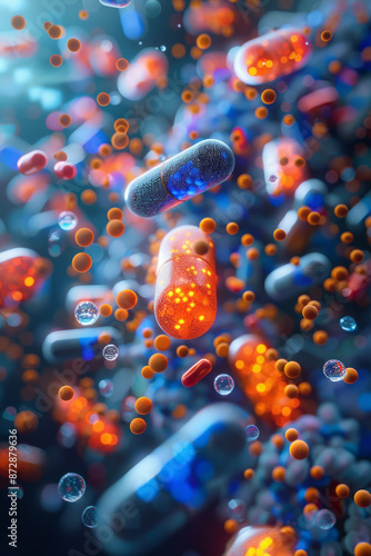 Close-up of a human cell absorbing colorful vitamins, with swirling abstract designs and intense colors,