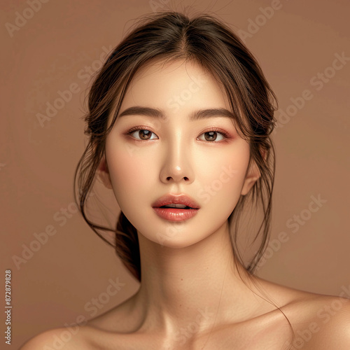 Closeup portrait of young Asian beautiful woman with Korean beauty make up style and healthy and perfect skin isolated on pink background for skincare commercial product advertising.