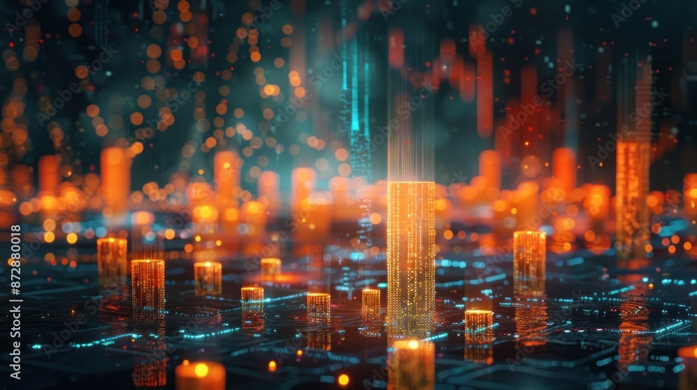 Abstract Cityscape with Glowing Towers and Circuitry Abstract Cityscape with Glowing Towers and Circuitry